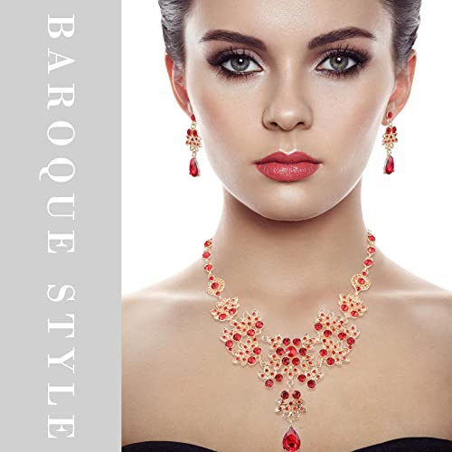 Baroque Bridal Jewelry Set 3 Pieces Tiara Earrings Necklace Bridal Jewelry Set Wedding Rhinestone Crystal Tiara Crown Headband Princess Baroque Crown For Bride Women Girls (Red) #TOP3