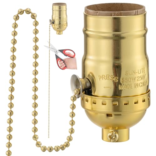 Lamp Base with Extended Chain, E26 Standard Threaded Base, Bulb Socket with Long Chain Switch for Table and Floor lamp Repair and Replacement, Extended Chain to fit More Lamps (Gold)