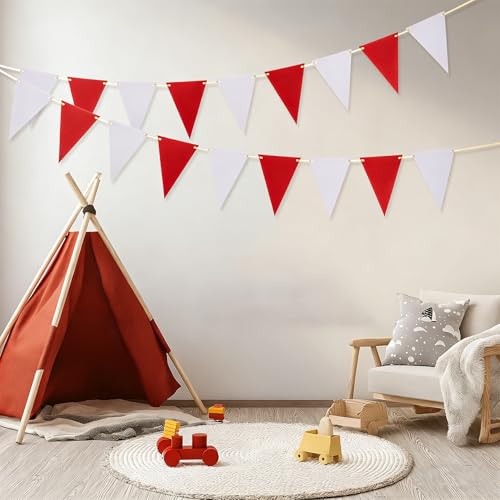 Image of MOWO Red White Pennant Banner Paper Bunting, 30pc, 20 feet | Birthday Graduation St.George's Day England Party Hanging Decoration, baby shower new year valentines day party decoration