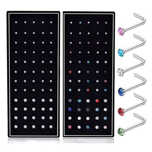 SMUOBT 120pcs 22G L Shaped Stainless Steel Nose Studs Rings Piercing Pin Body Jewelry 1.5mm 2mm 2.5mm a Set White and Colour