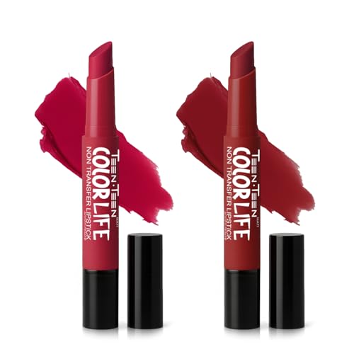 Image of TEEN TEEN Color Life Nontransfer Crayon Lipstick |Matte Finish with Built-in Primer |Waterproof & Long Lasting Lip Color |Smudge-Proof, Fade-Resistant Formula |Combo Color (Magenta, Red Wine)