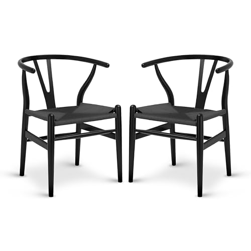 Image of Poly & Bark Weave Dining Chairs - Mid-Century Modern Wishbone Dining Chairs with Arms, Solid Wood Frame, Indoor Use - Pitch Black - Set of 2 - Ideal for Dining Room, Kitchen or Stylish Accent Setting