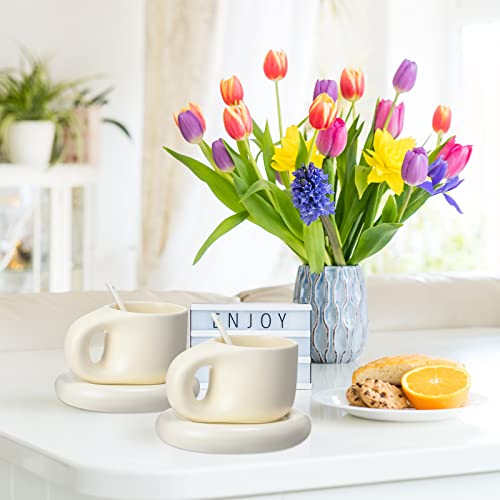 Lallisa 2 Pieces 14 Oz Ceramic Coffee Mug Cute Cute Fat Handle Cup With 2 Pcs Matching Saucer And 2 Pcs Spoons Espresso Chubby Mug For Milk Latte Tea Cafe Home Office, Dishwasher And Microwave Safe #TOP6