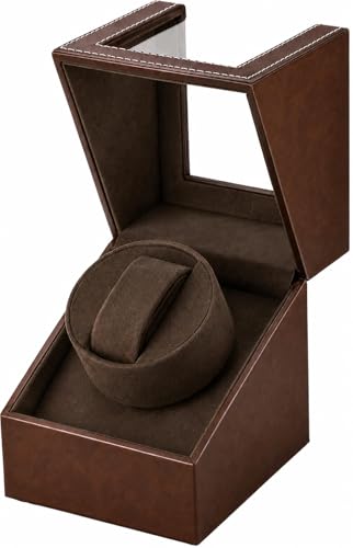 Image of Watch Winder for Automatic Watches: Automatic Single Watch Winder Box | Japanese Quiet Motor, Anti-Magnetic Design, USB-C or Battery Power, Adjustable Pillow, Brown PU Leather, Gift for Men