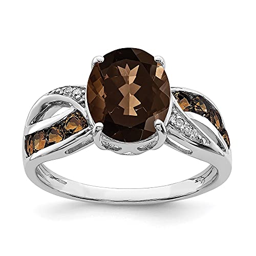 Sonia Jewels Real 925 Sterling Silver Diamond and Brown Smoky Quartz Engagement Ring (.02 cttw.)