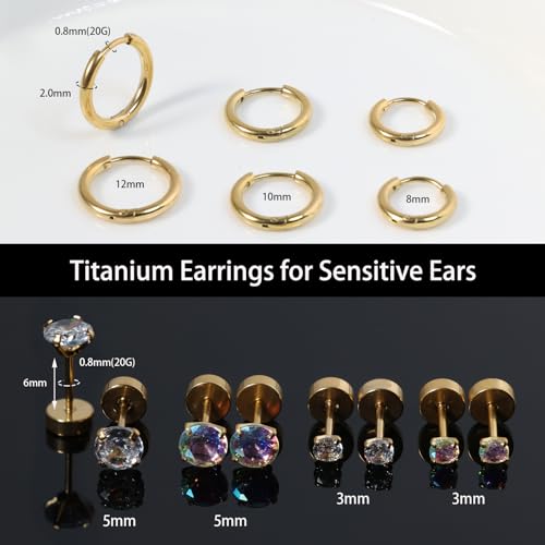 Titanium Earrings for Sensitive Ears - Flat Back Stud & Hoop Earrings Set, Hypoallergenic Surgical Stainless Steel Cubic Zirconia, 7 Pairs2