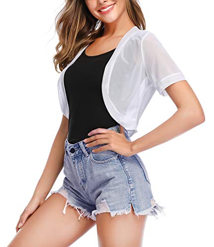 Aranmei Women Short Sleeve Shrug Sheer Chiffon Open Front Cropped Bolero Cardigan (White Large)