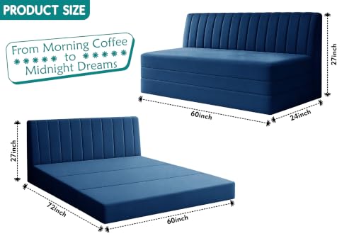 Image of Los Angeles Modern Velvet 3-Seater Sofa Cum Bed, Multipurpose Convertible Sleeper Couch Sofa for Living Room, Bedroom & Office- Blue Color