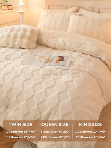 Image of Tufted Fleece Comforter Set King - Super Soft Warm Fluffy Shaggy Bedding Sets, Diamond Plaid Jacquard Bed Set for Winter, 1 Sherpa Comforter with 2 Pillow Cases (104 inchX90 inch Ivory White)