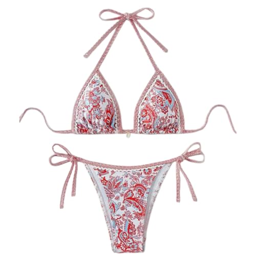 Fryloo bañador Conjunto De Bikini Triángulo Floral Las Mujeres, Halter Tie Top con Detalle La Perla Y Parte Inferior Corbata Lateral, Traje Baño Boho para Piscina Playa Verano-Rose Pink-m