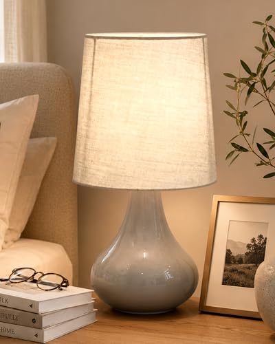 Image of Homesake Modern Small Ceramic LED Table Lamp, Classic Bedside Desk Lamp for Living Room Bedroom, Farmhouse Nightstand Lamps Fabric Shade (Gray)