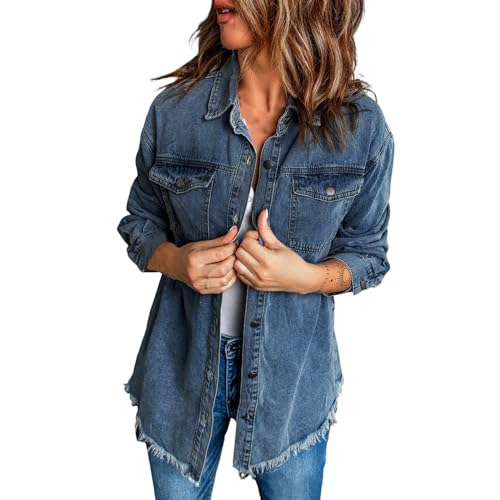Generisch Chaqueta vaquera para mujer, vintage, chaqueta vaquera con dobladillo deshilachado, abrigo vaquero de un solo color, chaqueta vaquera, chaqueta ligera con botones, chaqueta de entretiempo