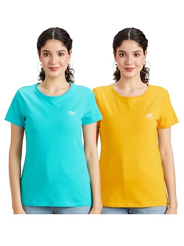 Amazon Brand – Eden & Ivy Women’s Regular T-Shirt (Pack of 2) (PAG101A_Turq & Mustard M)