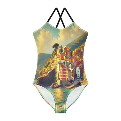 Seaside Town Blue Bathing Suits for Girls Swimsuit Summer Beach Swimwear One Piece Swimsuits