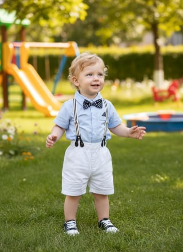 Image of Volunboy Baby Boy Formal Short Set Toddler Summer Gentleman Outfit Kid Short Sleeve Bowtie Shirt Suspender Shorts Suit