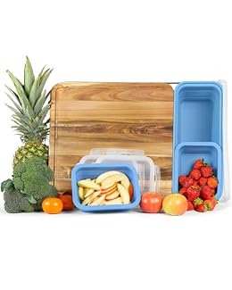 TidyBoard Meal Prep System Base Pack - Over-the-Sink Smart Chopping Board with 1 Large & 2 Small Silicone Tubs & Lids - 1” Thick Acacia Wood Cutting Board with Containers, 7 pieces