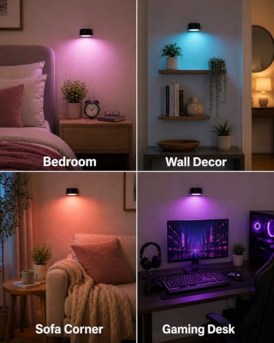 Image of Wall Mounted Lights, Rechargeable RGB Color Changing Light, 3 Color Temps & Remote and Touch, 360Rotation Dimmable Cordless for Study Bedroom Reading Bedside (Black)