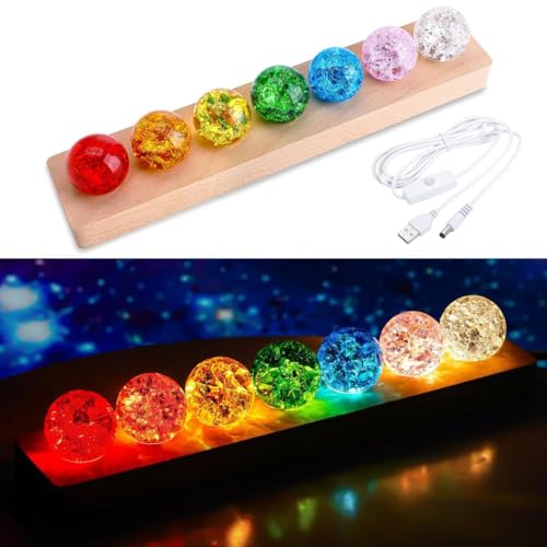 7 Colors Ice Cracked Glass Balls with Led Wooden Base?40mm Crystal Healing Sphere Balls for Home Living Room Night Light Decor Ornaments