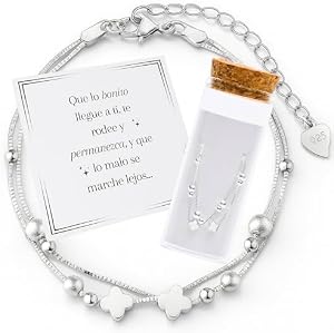 MOMENTUM Pulsera Plata Mujer (Bañada) – Trébol de la suerte – Regalo con Caja y Dedicatoria Premium – Ajustable y Elegante – Ideal Cumpleaños, Navidad, San Valentín