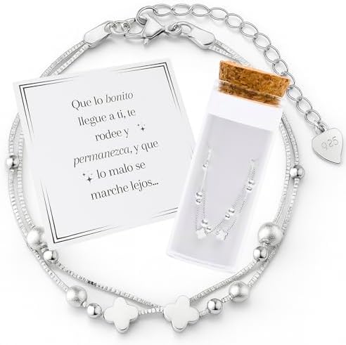 MOMENTUM Pulsera Plata Mujer (Bañada) – Trébol de la suerte – Regalo con Caja y Dedicatoria Premium – Ajustable y Elegante – Ideal Cumpleaños, Navidad, San Valentín