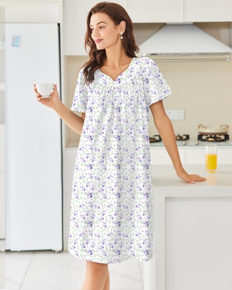 Ekouaer Nightgowns for Women Cotton Nightgown House Dress with Pockets Short Sleeve Mumu Dress Embroidered Lounge Dress4