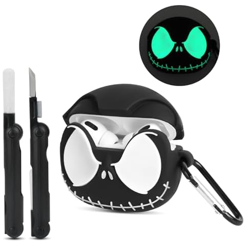 CCXNAS for Apple Airpods Pro 2nd/1st Generation Case Cover with Cleaner kit, [Eyes Glowing in The Dark] for Cute Airpods Pro/Pro 2 Case, Soft Silicone Funny 3D Skull Case for AirPod Pro 2/1, Black Cover