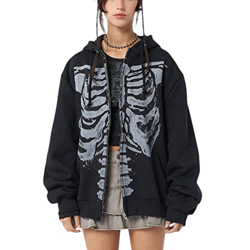 Yuemengxuan Womens Y2K Zipper Hoodie Long Sleeve Sweatshirt Harajuku Punk Grunge Tops Oversized Vintage Streetwear, Skeleton Black, Large