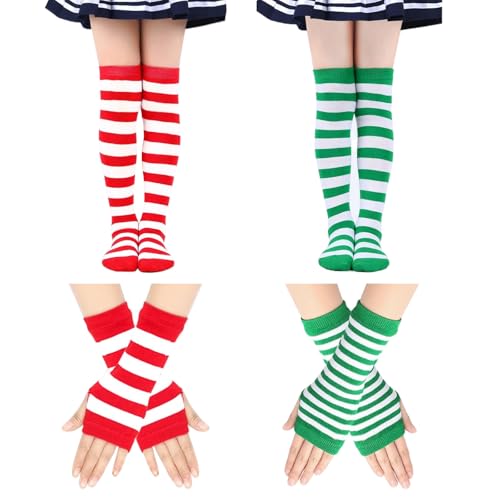 2 Pairs Thigh High Socks & Long Fingerless Gloves, Striped Knee High Socks and Arm Warmers for Girls