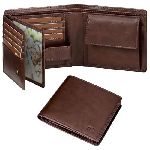 Image of GSG SINCE 1998 Mens Leather Wallet with Coin Pocket, RFID Blocking Genuine Cowhide Bifold Wallet, Large Capacity with 17 Card Slots, 2 Large ID Windows, 2 Note Compartments, Coffee