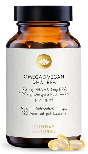 SUNDAY NATURAL® Omega 3 Vegan - 120 Softgel Kapseln - 1.000 mg Algenöl pro Tagesdosis: 350 mg DHA und 180 mg EPA - Leicht schluckbare Omega 3 Kapseln hochdosiert - Laborgeprüft SUNDAY NATURAL® Omega 3 Vegan - 120 Softgel Kapseln - 1.000 mg Algenöl pro Tagesdosis: 350 mg DHA und 180 mg EPA - Leicht schluckbare Omega 3 Kapseln hochdosiert - Laborgeprüft