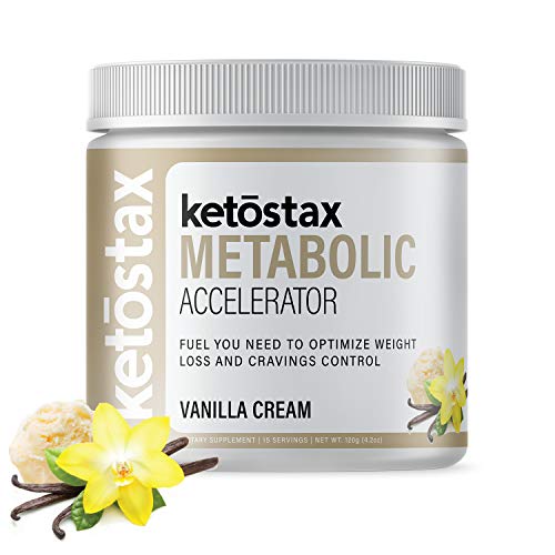 Ketostax Metabolic Accelerator 20 servings Vanilla Cream flavor contains CLA, Green Coffee Bean Extract, Garcinia Cambogia Extract, L-Carnitine, OligoSmart IMO Prebiotic Fiber, Caffeine & Evodiamine