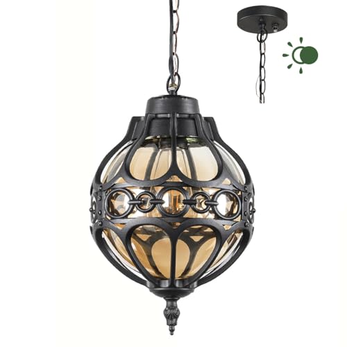 Dusk to Dawn Outdoor Pendant Lighting for Porch, Black Aluminum Anti-Rust Hanging Lights Fixture, Adjustable Globe Outside Lantern Ceiling Mount, Industrial Exterior Chandelier, Amber Glass