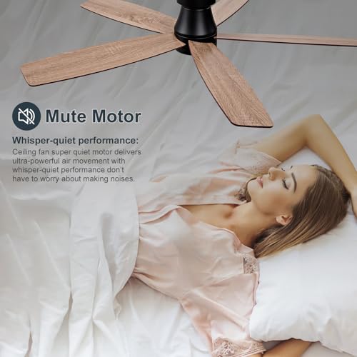 Image of 52 inch Black Flush Mount Ceiling Fans with Lights and Remote, Dimmable Black Bedroom Ceiling Fan with Lights, Walnut Low Profile Ceiling Fan with Light For Bedroom Outdoor, Reversible Quiet DC