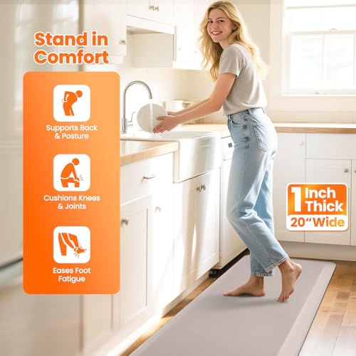 Image of Kitchen Mats for Floor, 1 Inch Extra-Thick Kitchen Rugs, Waterproof & Non-Slip Anti Fatigue Mats, Comfort Standing Desk Mat for Kitchen Floor, Sink, Home, Office (20 inch X 72 inch, Khaki)