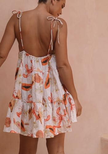 Image of NUFIWI Women Boho Graffiti Cami Mini Dress Spaghetti Strap Printed A Line Short Dress Backless Cut Out Colorful Sundress