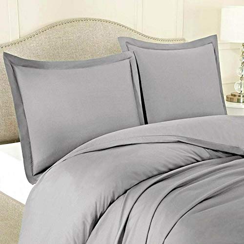 LUXURIOUS BEDDING UK Single Size 800 Thread Count Egyptian Cotton 25" Inch Deep Pocket Zipper Closure 3 PC Duvet Cover Set with Fitted Sheet Silver Grey Solid