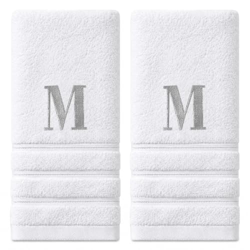 VELANORIQUE 2pcs Monogrammed Hand Towels 100% Cotton White Decorative Towel with Silver Embroidered Letter M for Bathroom Kitchen Decor Gift 13.8 x 29.5 Inch