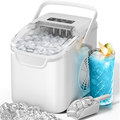 Image of Kismile Ice Makers Countertop,Portable Ice Maker Machine with Handle,26Lbs /24H,2 Ice Sizes(S /L),8 Bullet Ice Cubes in 6 Mins,Self-Cleaning Countertop Ice Maker for Home & Kitchen(White)