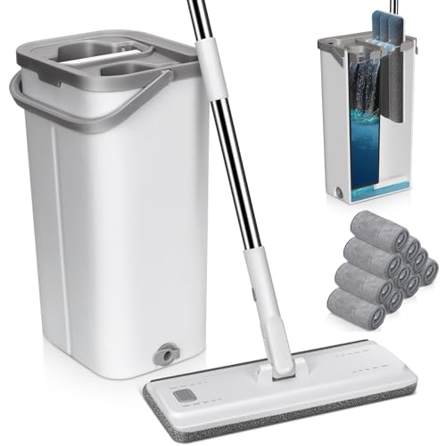 MASTERTOP Mopa Fregona con Cubo Escurridor, Microfibra 360° Fregona Plana y Mango Largo de Acero Inoxidable con 5 Almohadillas Reemplazables - Adecuado para Entornos Domésticos y de Oficina(Blanco)