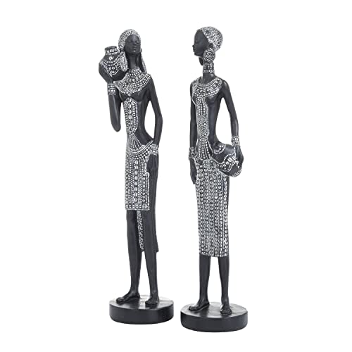Deco 79 Polystone Woman Standing African Sculpture With Intricate Details, Set Of 2 3"W, 14"H, Black #TOP7