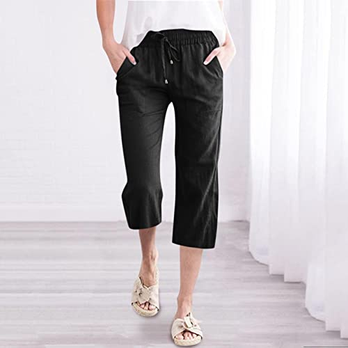 Capri Pants for Women Casual Cotton Linen Summer Pants Drawstring Elastic Waist Cropped Wide Leg Trousers Plus Size Capris3