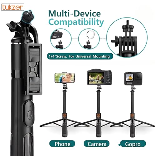 Image of Tukzer Long Multifunctional Selfie Stick with Tripod Stand & Bluetooth Wireless remote Aluminum 61 inch For Iphone, Samsung & all Mobile Phones, Vlogging, Live Stream,1 /4 inch Screw for DSLR Camera,Ring Light