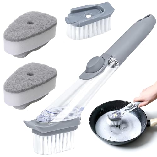 Spülbürste,Spülbürste Mit Spülmittelspender,Befüllbare Spülbürste Mit 1 Bürstenkopf und 2 auswechselbaren Schwammköpfen,Spülbürsten,Küchenbürste,Abwaschbürste,für Topf,Pfanne,Spüle Reinigung