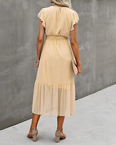 Image of BTFBM Women Summer Bohemian Floral Casual Wrap V Neck Ruffle Cap Sleeveless Belt A-Line Pleated Hem Midi Sun Dress White