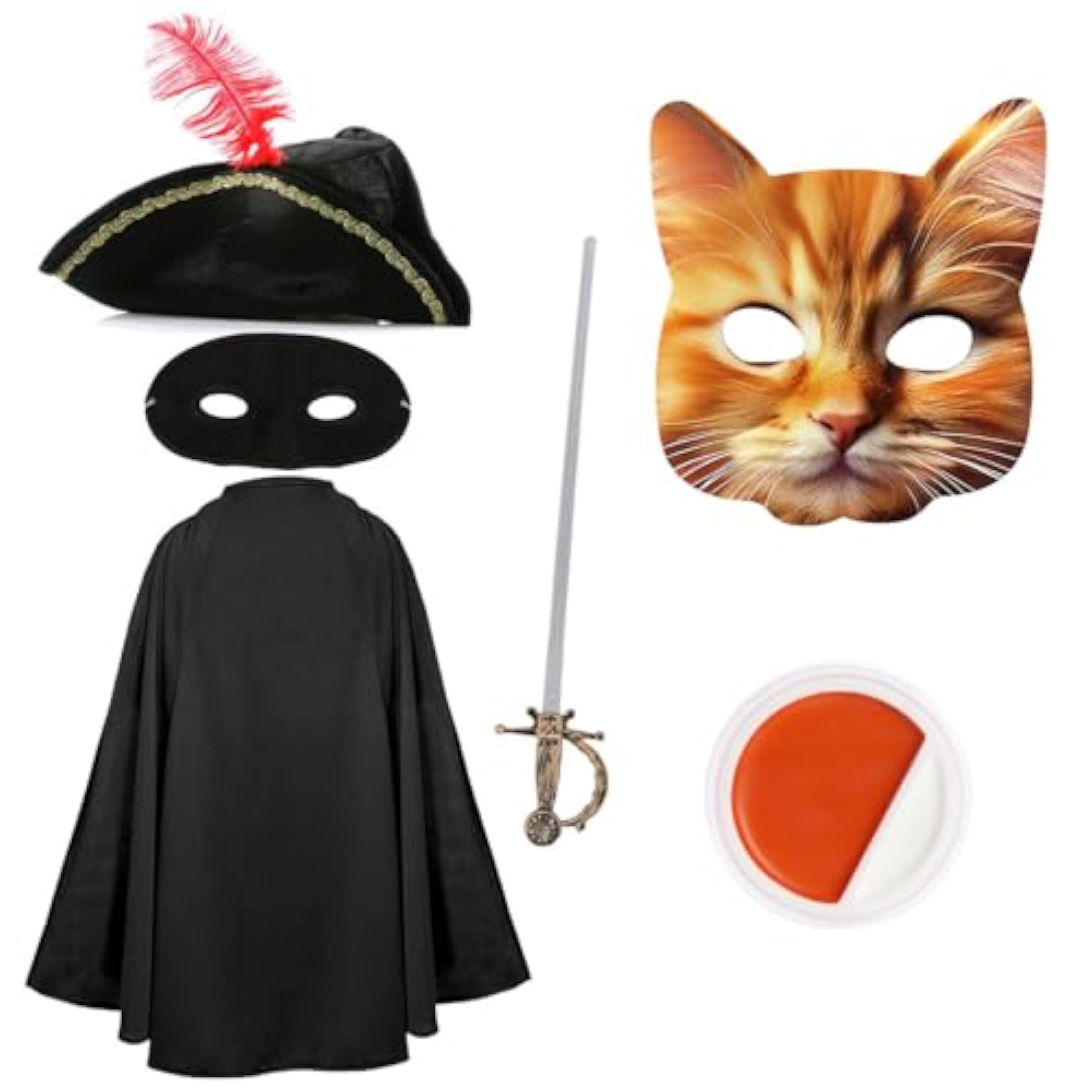 Disfraz de bandido de gato para adultos, capa negra, sombrero de tricornio, máscara de gato, máscara de ojos, espada falsa, pintura facial naranja y blanca, disfraz de película de televisión para