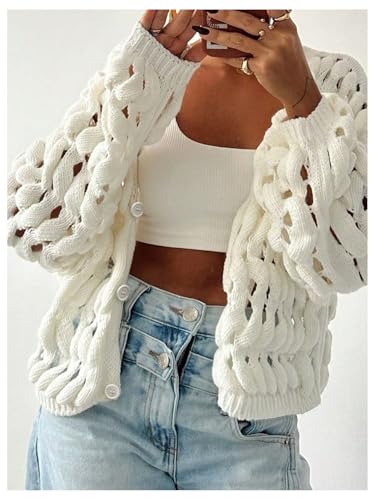 Verdusa Women's Hollow Out Button Up Cardigan Sweaters Crochet Knit Outerwear4