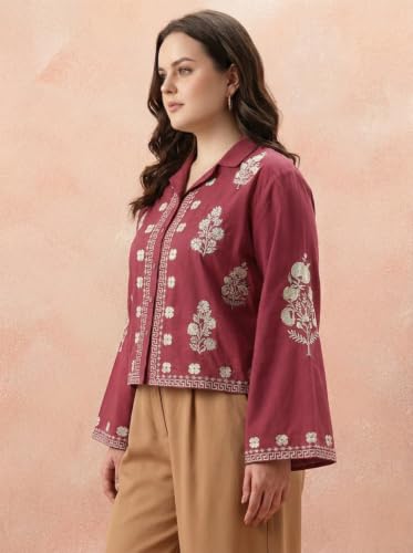 Image of Bee M Pee Designer Women's Embroidered Korean Crop Shirt | Full Bell Sleeves Western Tops for Woman Stylish | Oversized Formal /Casual /Office Wear Cotton Shirts Top for Women