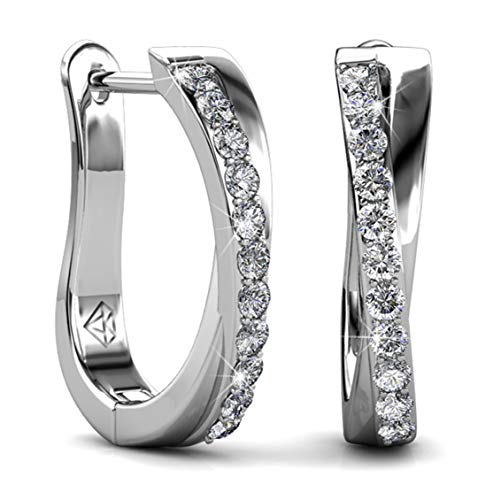 Jade Marie ALLURE Silver Dangle Hoop Earrings, 18k White Gold Plated Small Twisted Hoops with Swarovski Crystals and Lever back Closure