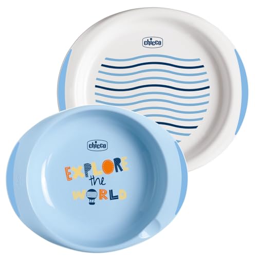 Chicco Set Piatti Bambini, Set Pappa Svezzamento con 1 Piatto Fondo e 1 Piatto Piano, Alette e Base Antiscivolo, Presa Facile ed Ergonomica, Appoggio per Cucchiaio, 2 Pezzi - 12+ Mesi, Azzurro