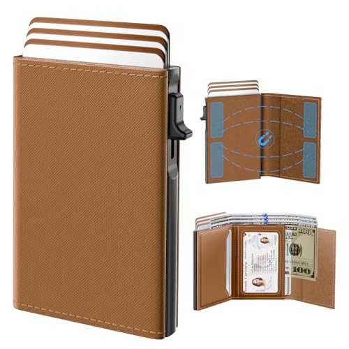 Image of typecase Womens Wallet Card Holder: Pop Up Card Case, Genuine Leather, RFID Blocking, Slim, Minimalist, Thin, Small Size - 9-14 Card Capacity, ID Window, Cash Pocket (Caramel Tan)
